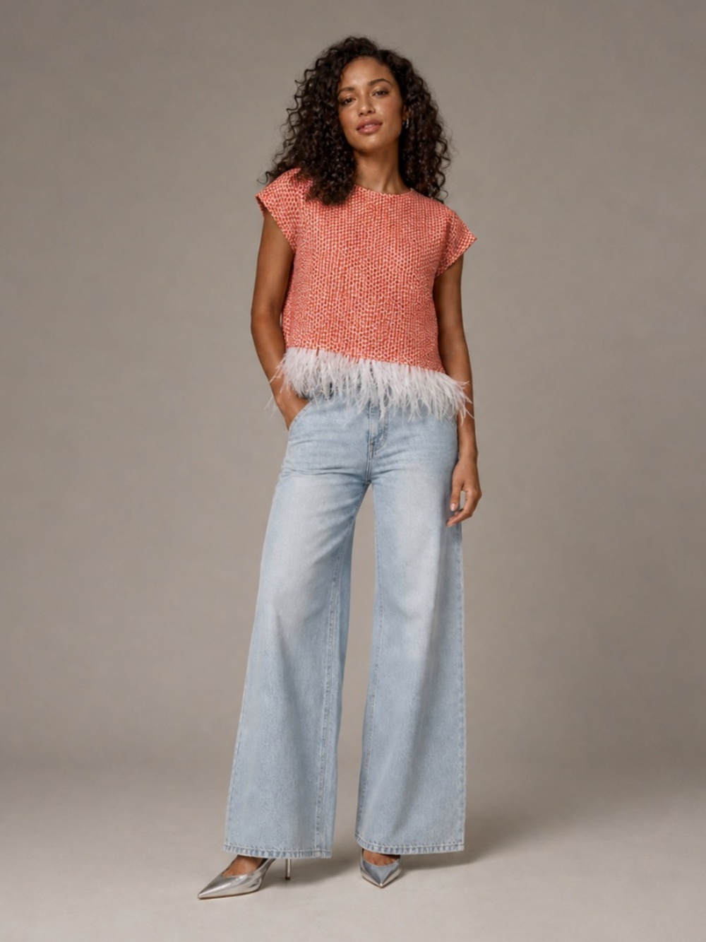 Anthropologie Eva Franco Coral Tweed Feather Trim Top XL